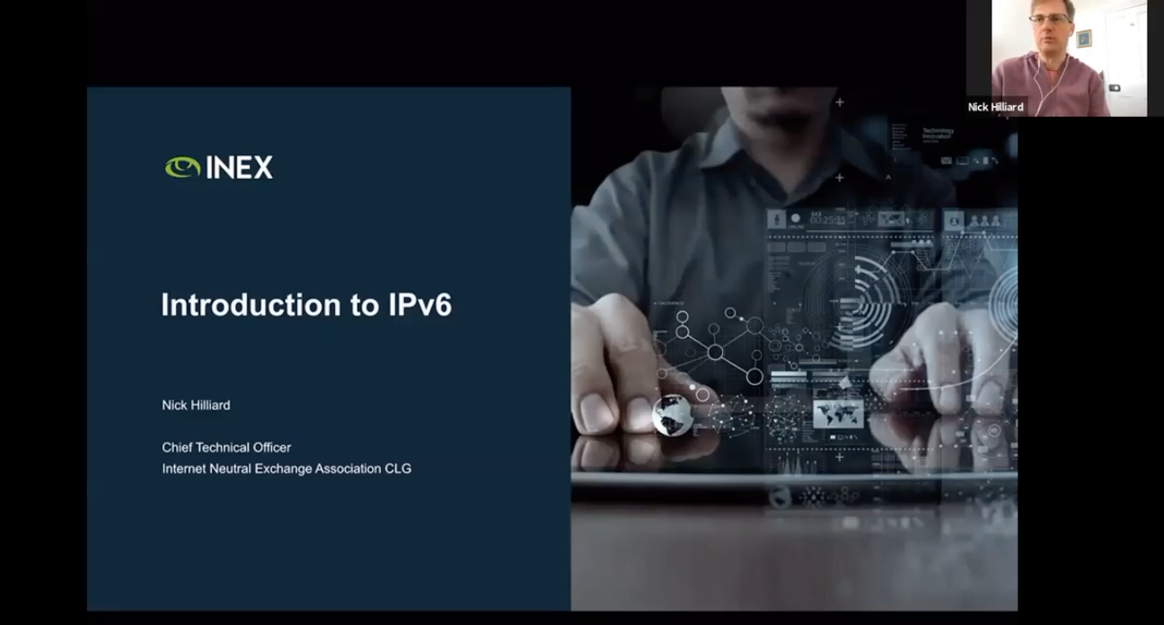 Image shows Nick Hilliard and the front page of his talk on an Introduction to IPv6